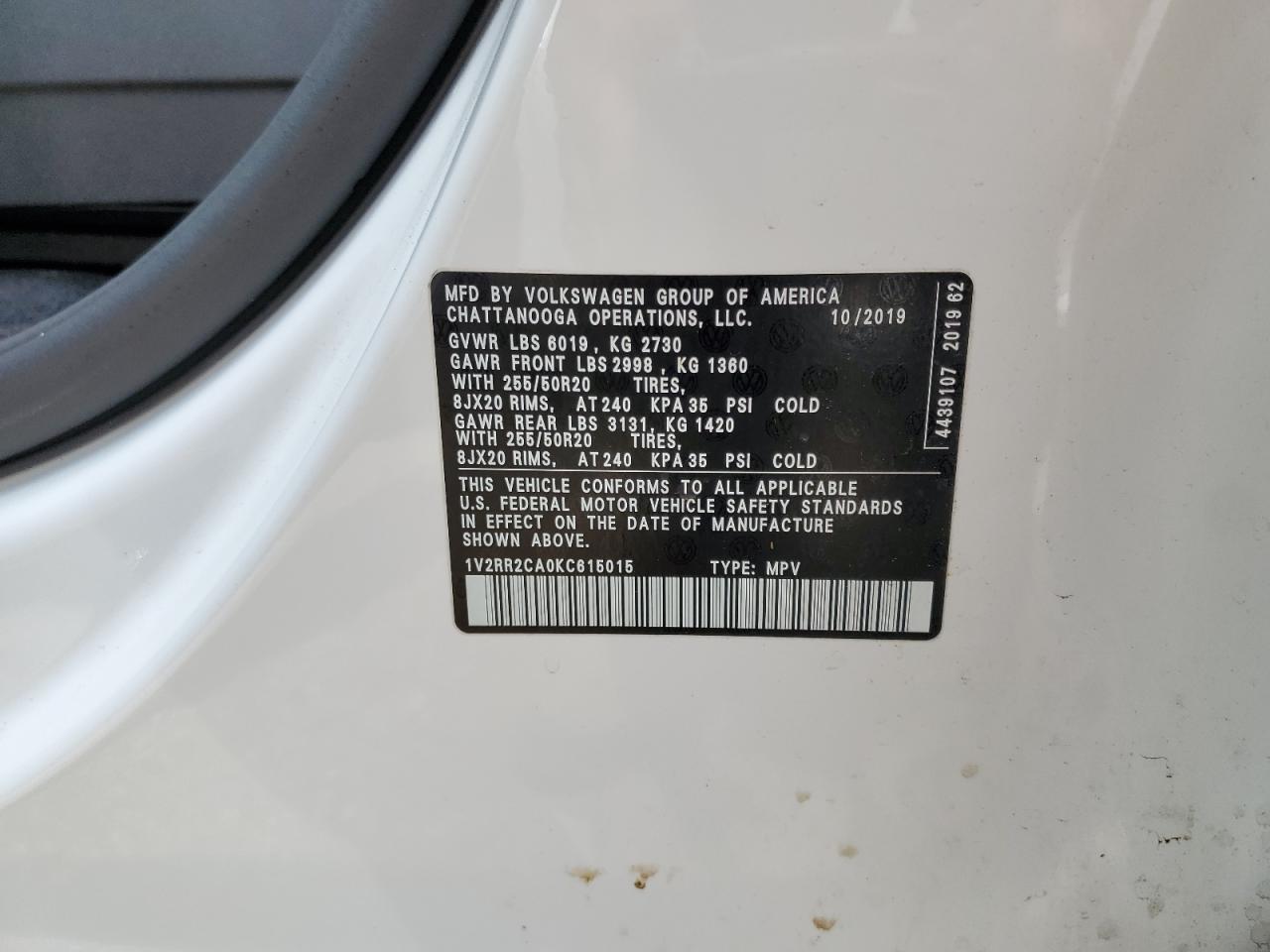2019 Volkswagen Atlas Sel VIN: 1V2RR2CA0KC615015 Lot: 60494105