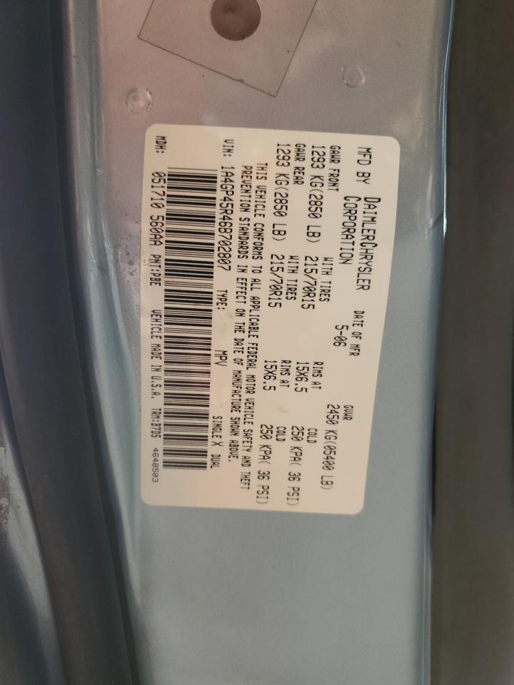2006 Chrysler Town & Country VIN: 1A4GP45R46B702807 Lot: 60378335