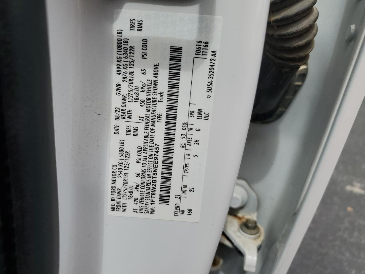 2022 Ford F250 Super Duty VIN: 1FT8W2BT8NEE97457 Lot: 62148045