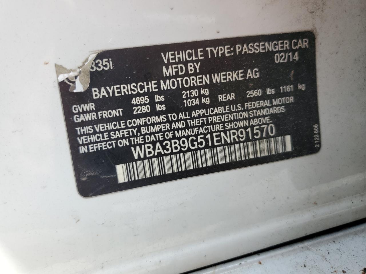 2014 BMW 335 Xi VIN: WBA3B9G51ENR91570 Lot: 63038605