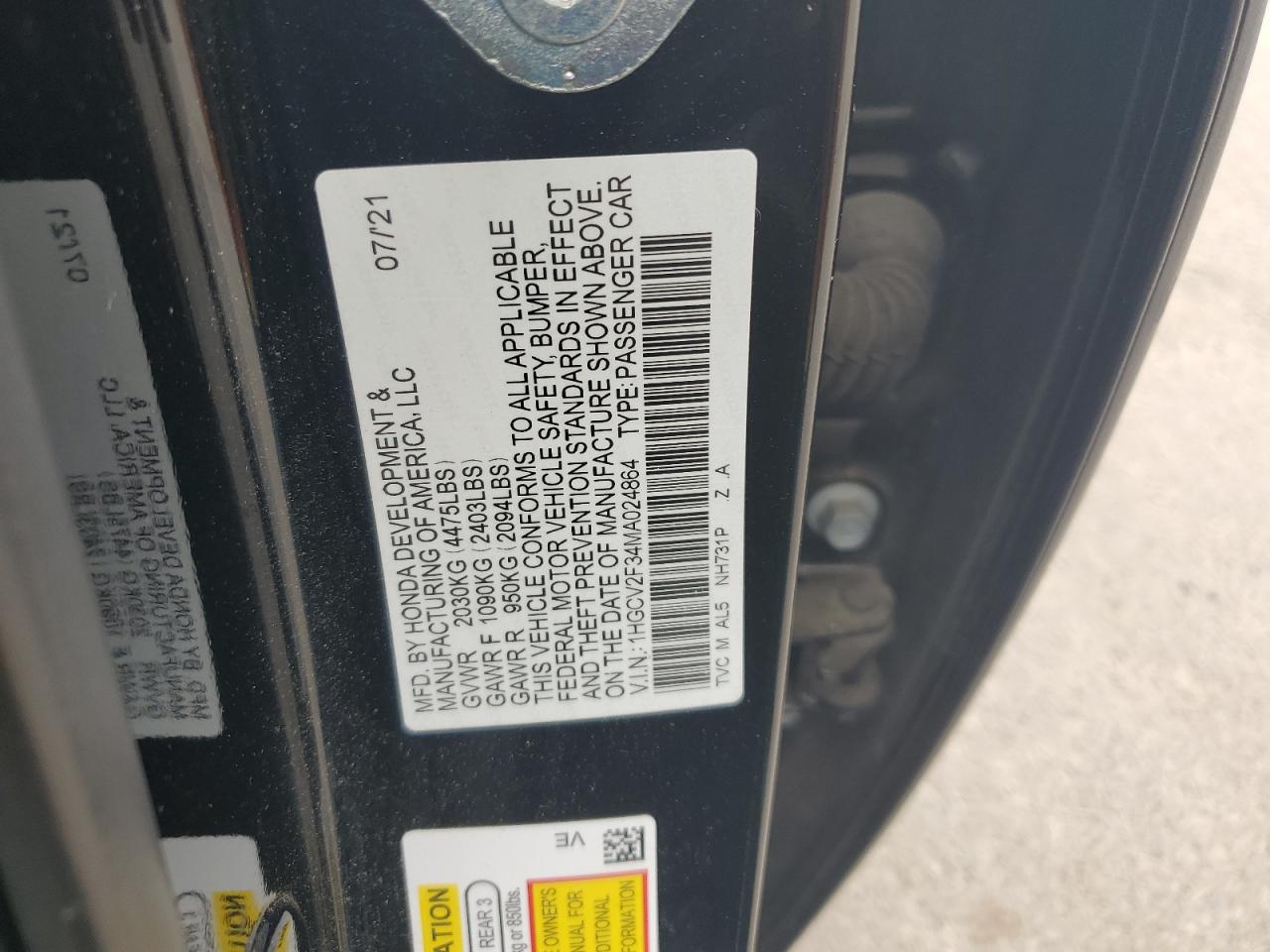 2021 Honda Accord Sport VIN: 1HGCV2F34MA024864 Lot: 59881365