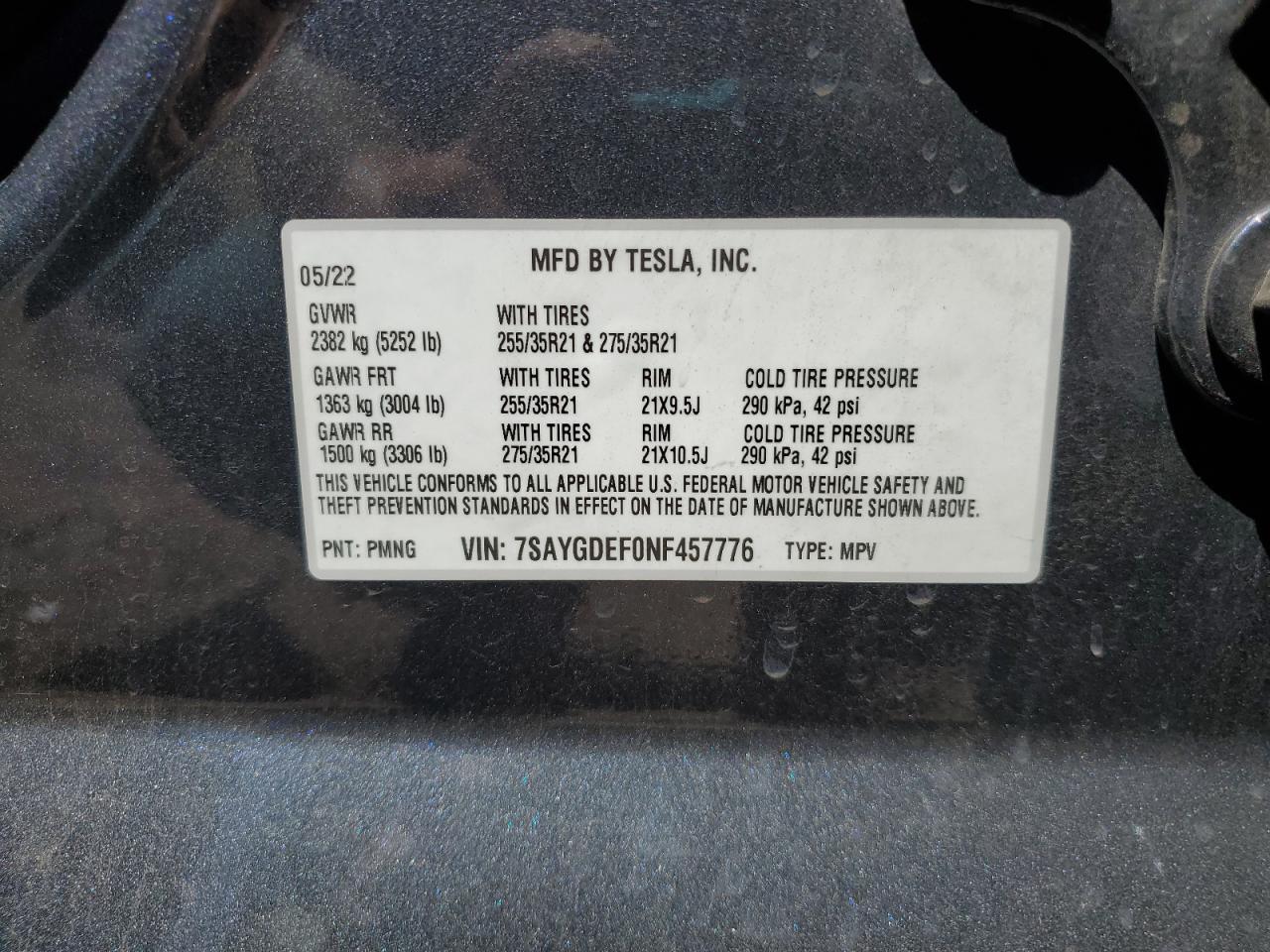 2018 Tesla Model Y VIN: 7SAYGDEF0NF457776 Lot: 58436495