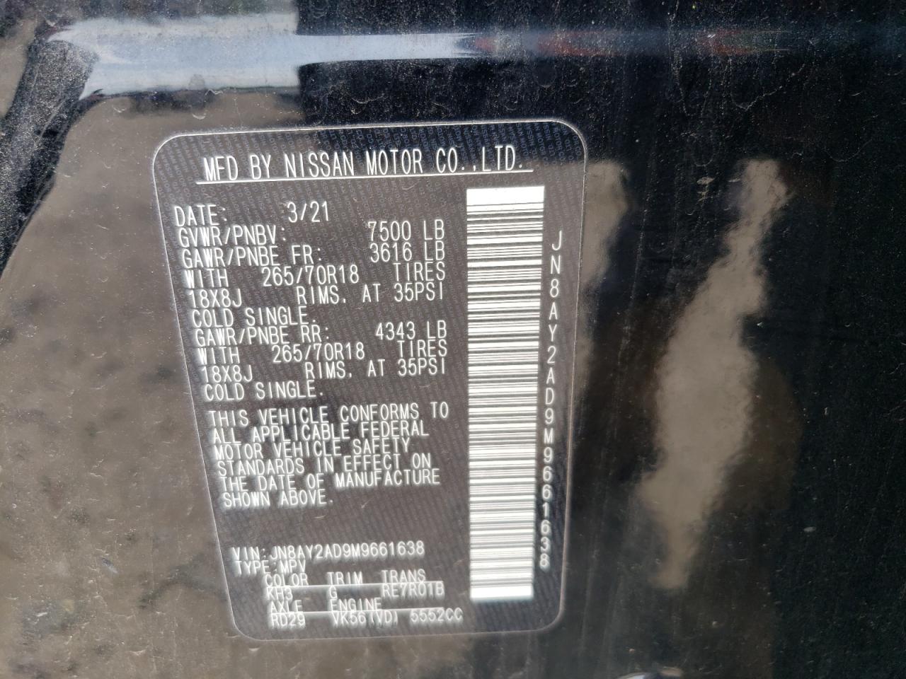 2021 Nissan Armada Sv VIN: JN8AY2AD9M9661638 Lot: 61066275