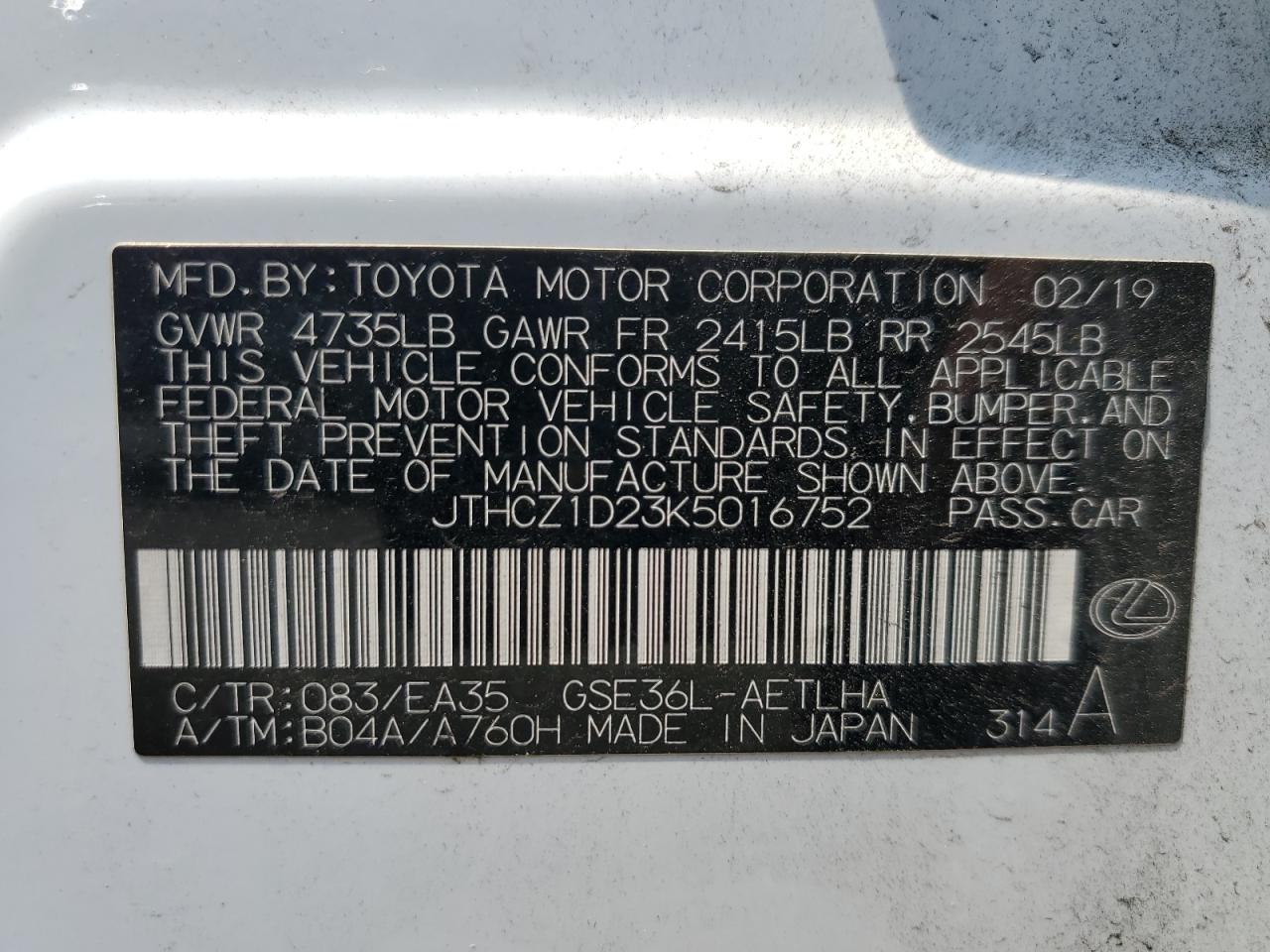 2019 Lexus Is 350 VIN: JTHCZ1D23K5016752 Lot: 62523255