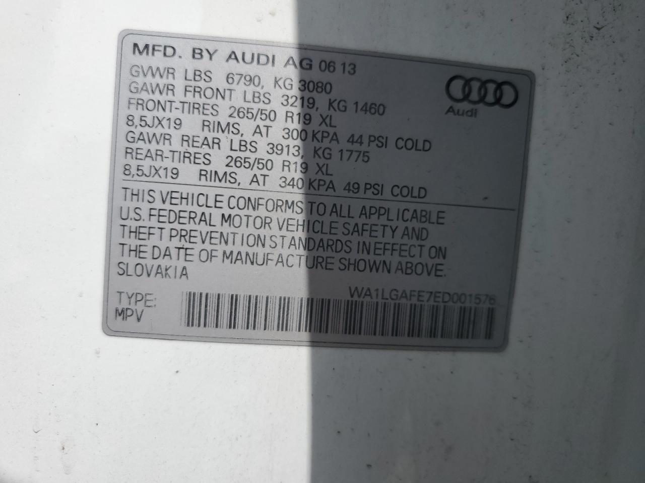 2014 Audi Q7 Premium Plus VIN: WA1LGAFE7ED001576 Lot: 60997495