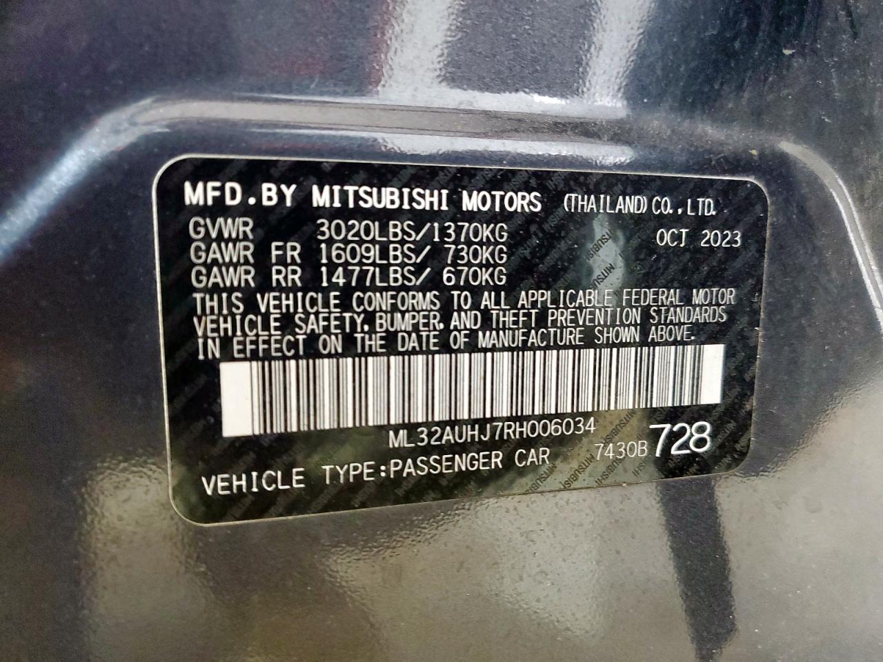 2024 Mitsubishi Mirage Es VIN: ML32AUHJ7RH006034 Lot: 62421385