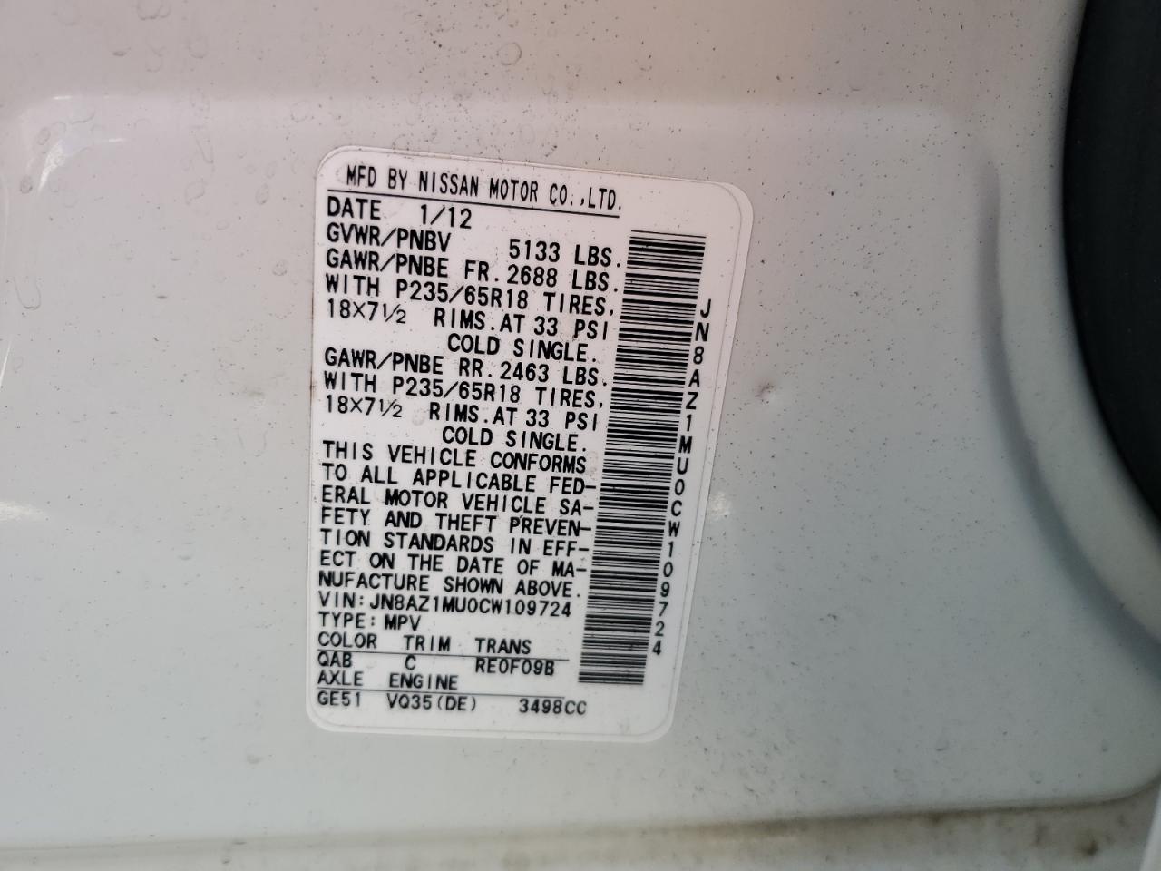 2012 Nissan Murano S VIN: JN8AZ1MU0CW109724 Lot: 63128395