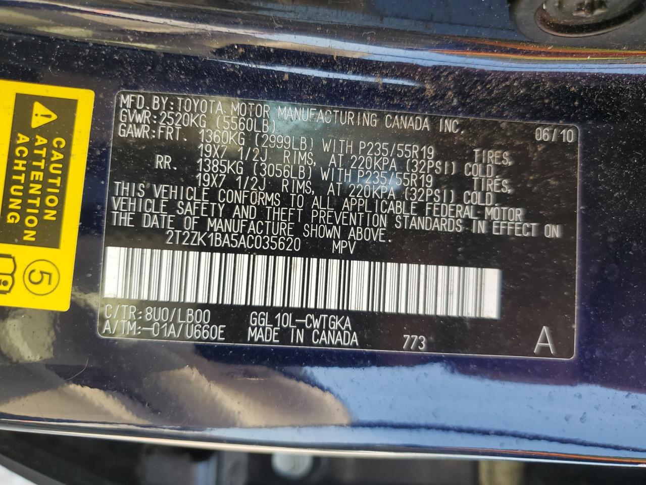 2010 Lexus Rx 350 VIN: 2T2ZK1BA5AC035620 Lot: 59419285