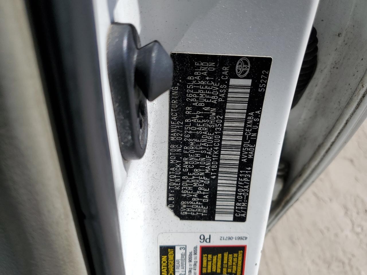 2012 Toyota Camry Hybrid VIN: 4T1BD1FK4CU013502 Lot: 62117745