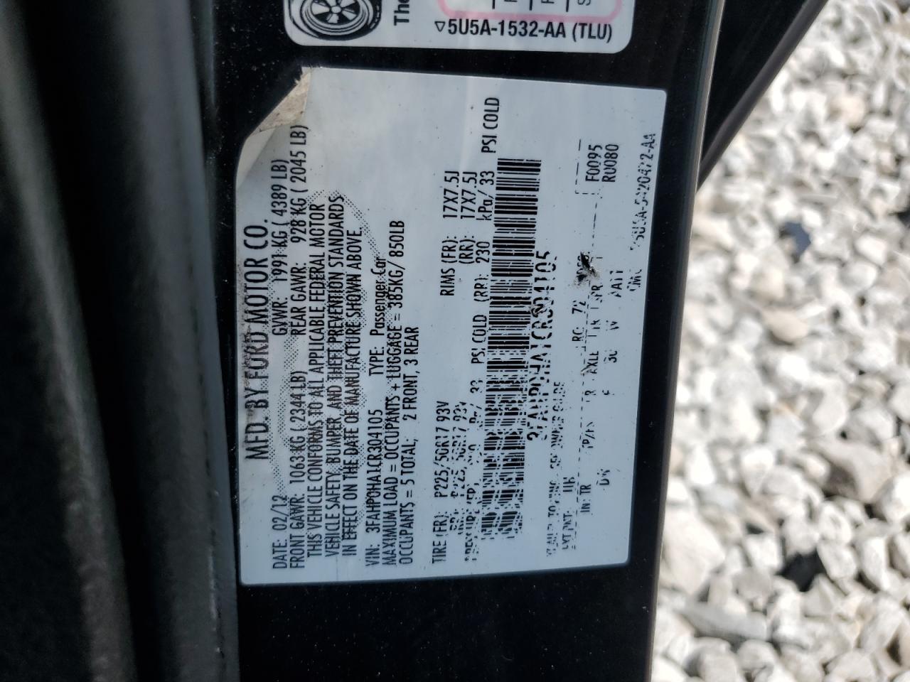 2012 Ford Fusion Se VIN: 3FAHP0HA1CR304105 Lot: 62777285