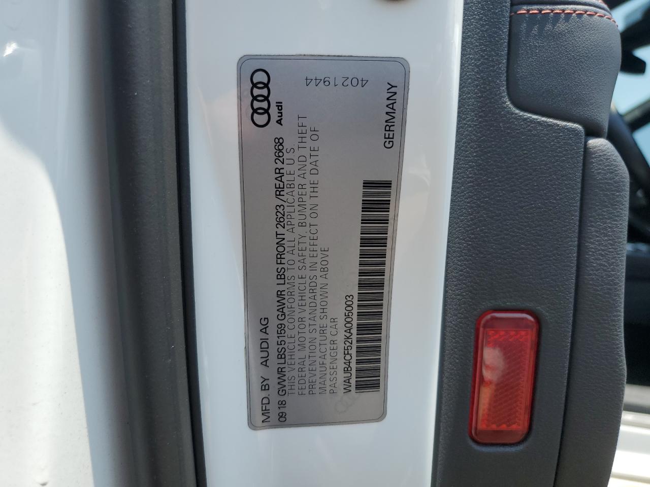 2019 Audi S5 Premium Plus VIN: WAUB4CF52KA005003 Lot: 59615965