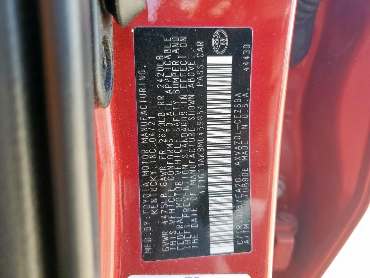 TOYOTA CAMRY 2021 VIN 4T1G11AK8MU459854 фото 13