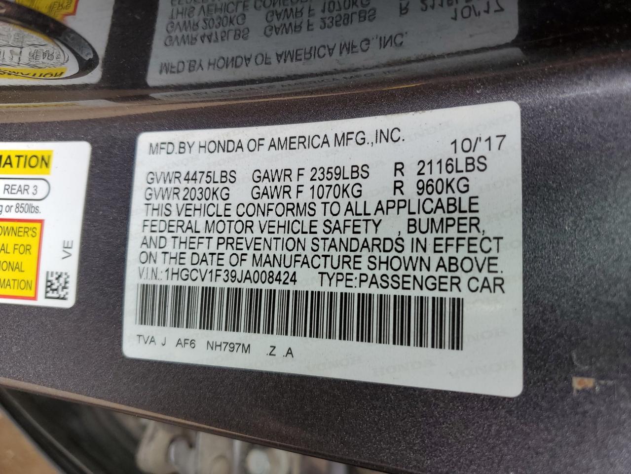 2018 Honda Accord Sport VIN: 1HGCV1F39JA008424 Lot: 63202085