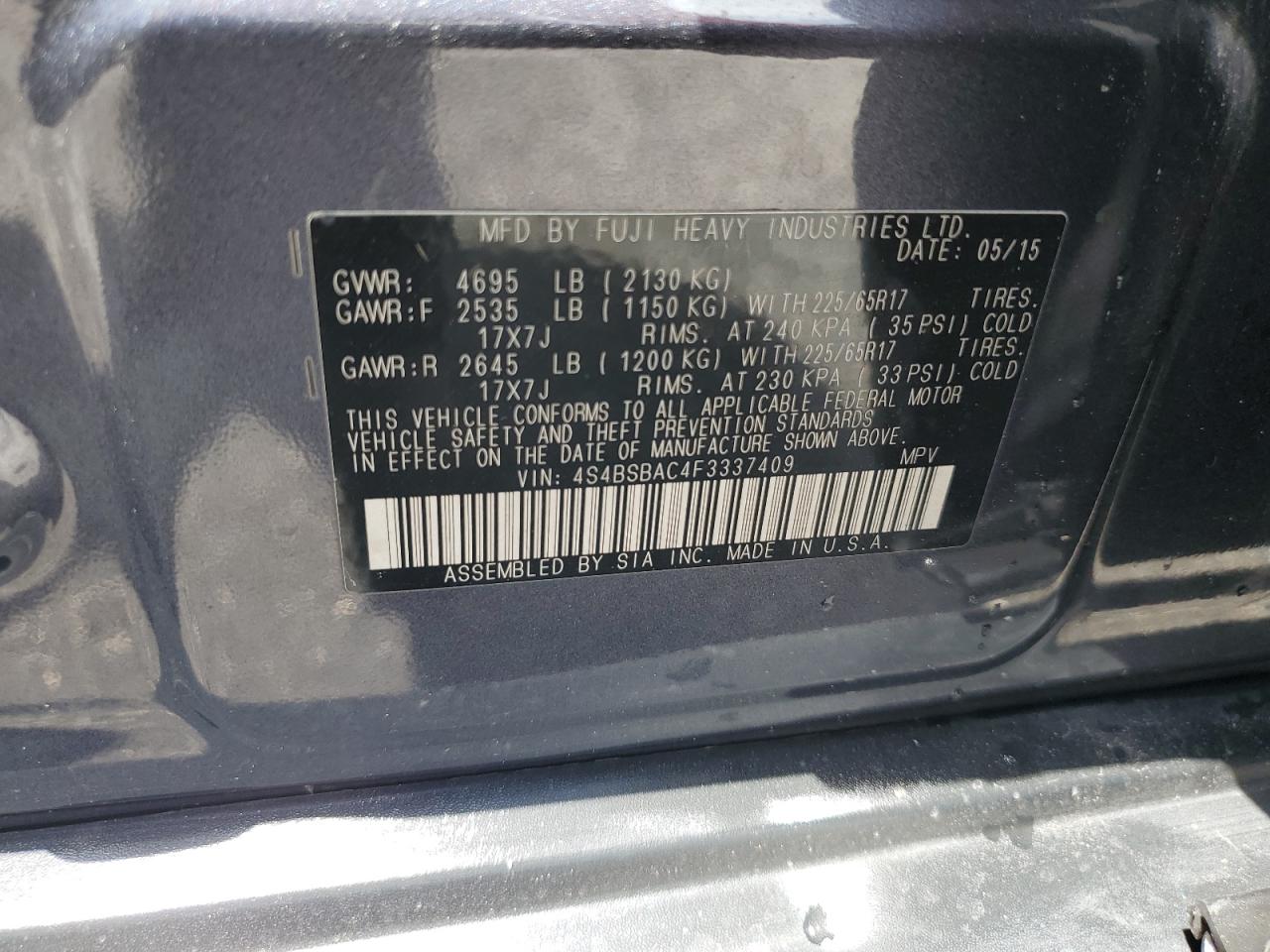 2015 Subaru Outback 2.5I VIN: 4S4BSBAC4F3337409 Lot: 62709305