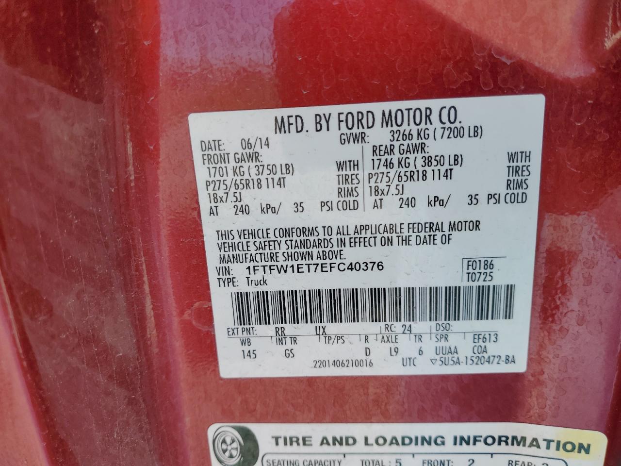 2014 Ford F150 Supercrew VIN: 1FTFW1ET7EFC40376 Lot: 59956965