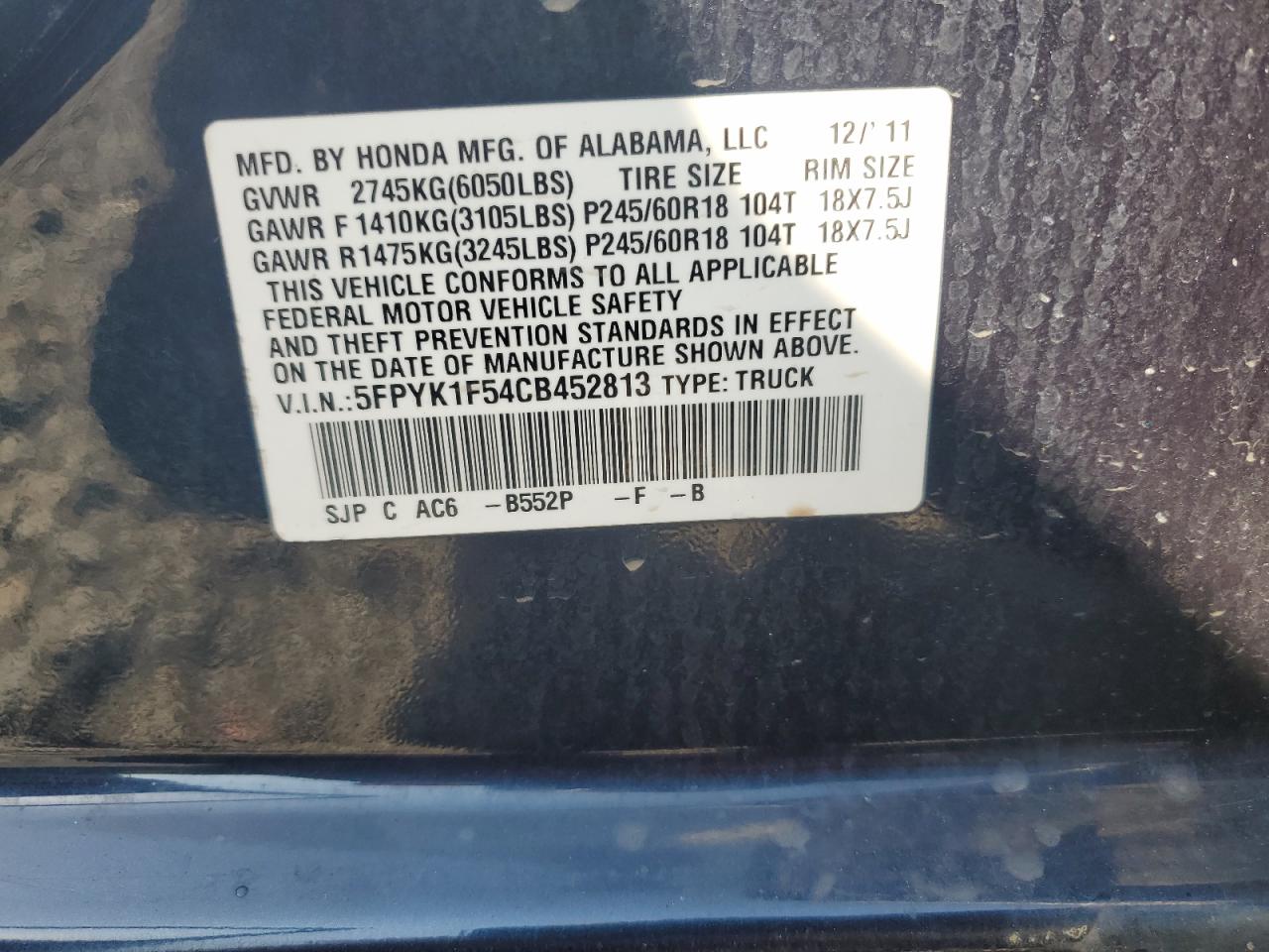 2012 Honda Ridgeline Rtl VIN: 5FPYK1F54CB452813 Lot: 62020825