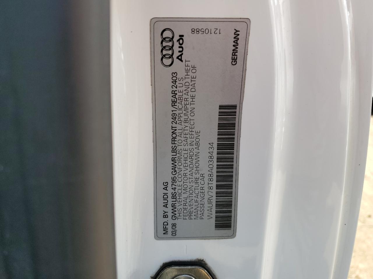 2008 Audi S5 Quattro VIN: WAURV78T88A038434 Lot: 62823365
