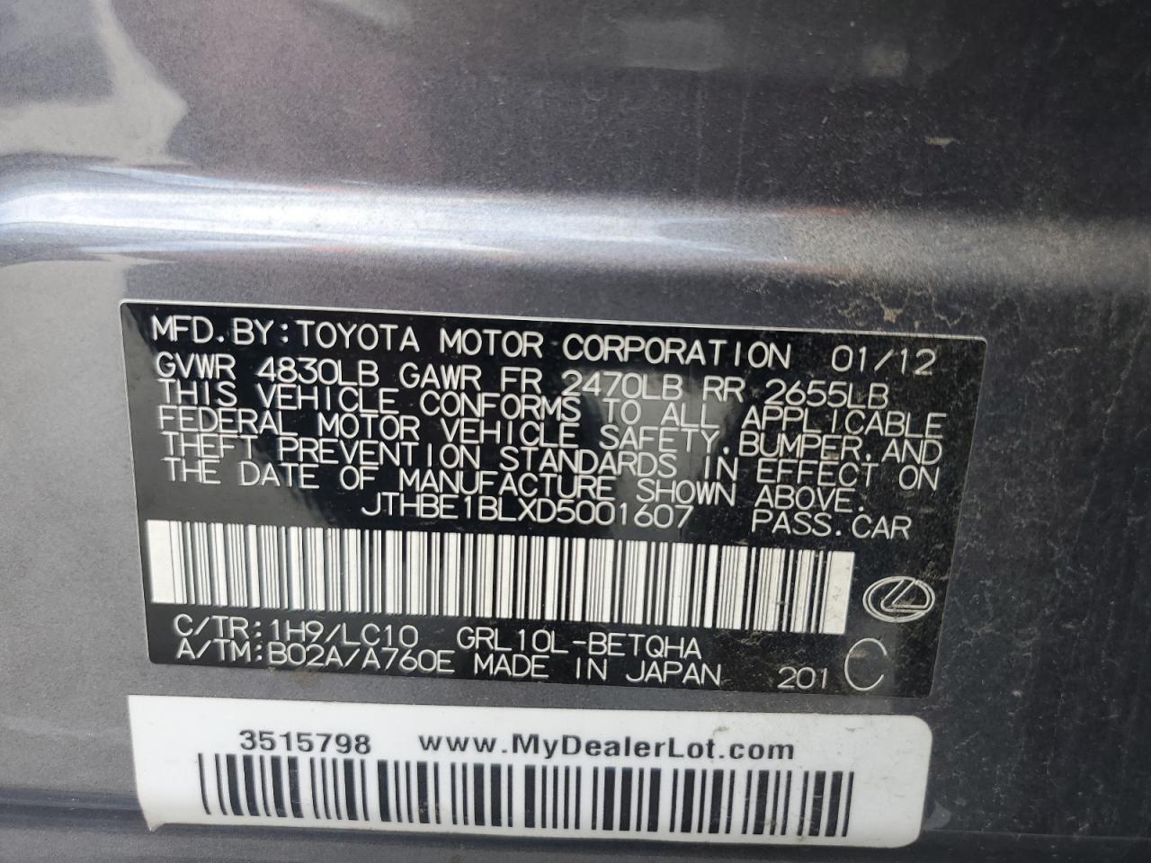 2013 Lexus Gs 350 VIN: JTHBE1BLXD5001607 Lot: 59576845