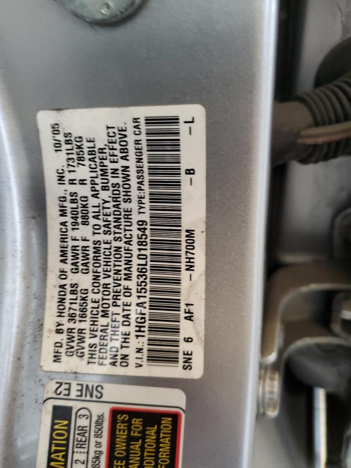 2006 Honda Civic Lx VIN: 1HGFA15536L018549 Lot: 63061795