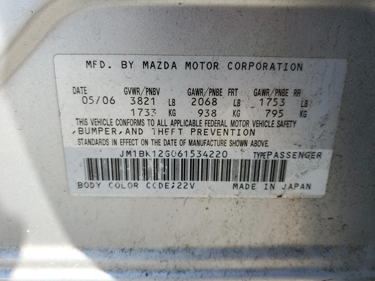 2006 Mazda 3 I VIN: JM1BK12G061534220 Lot: 61754315