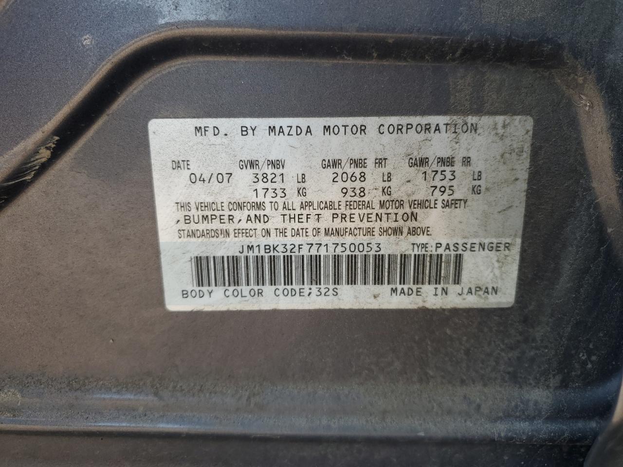 2007 Mazda 3 I VIN: JM1BK32F771750053 Lot: 61307375