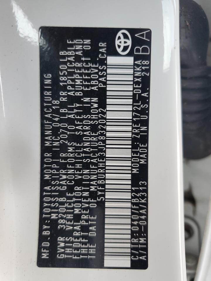 2018 Toyota Corolla L VIN: 5YFBURHE3JP832022 Lot: 62708025