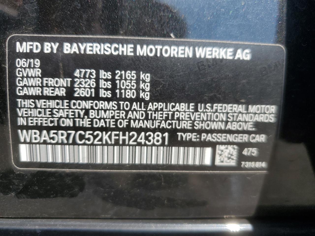 2019 BMW 330Xi VIN: WBA5R7C52KFH24381 Lot: 62474125