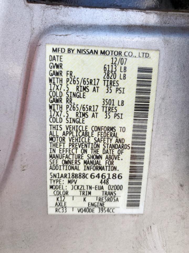 2008 Nissan Pathfinder S VIN: 5N1AR18B88C646186 Lot: 62095125