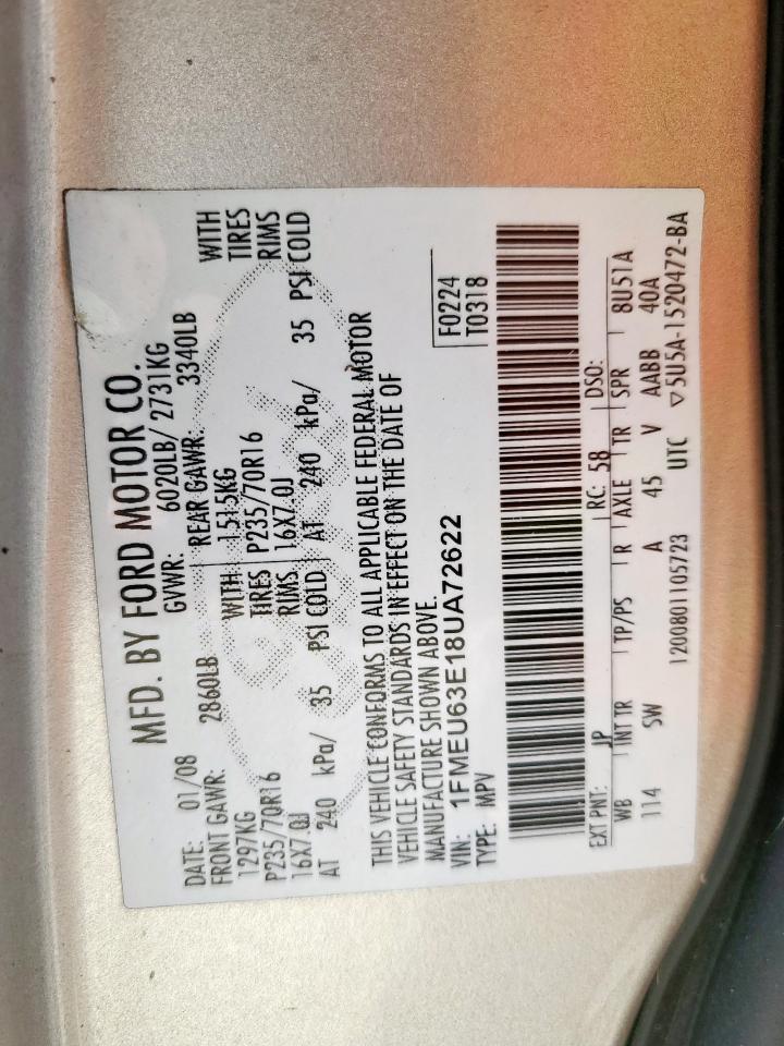 2008 Ford Explorer Xlt VIN: 1FMEU63E18UA72622 Lot: 59238455