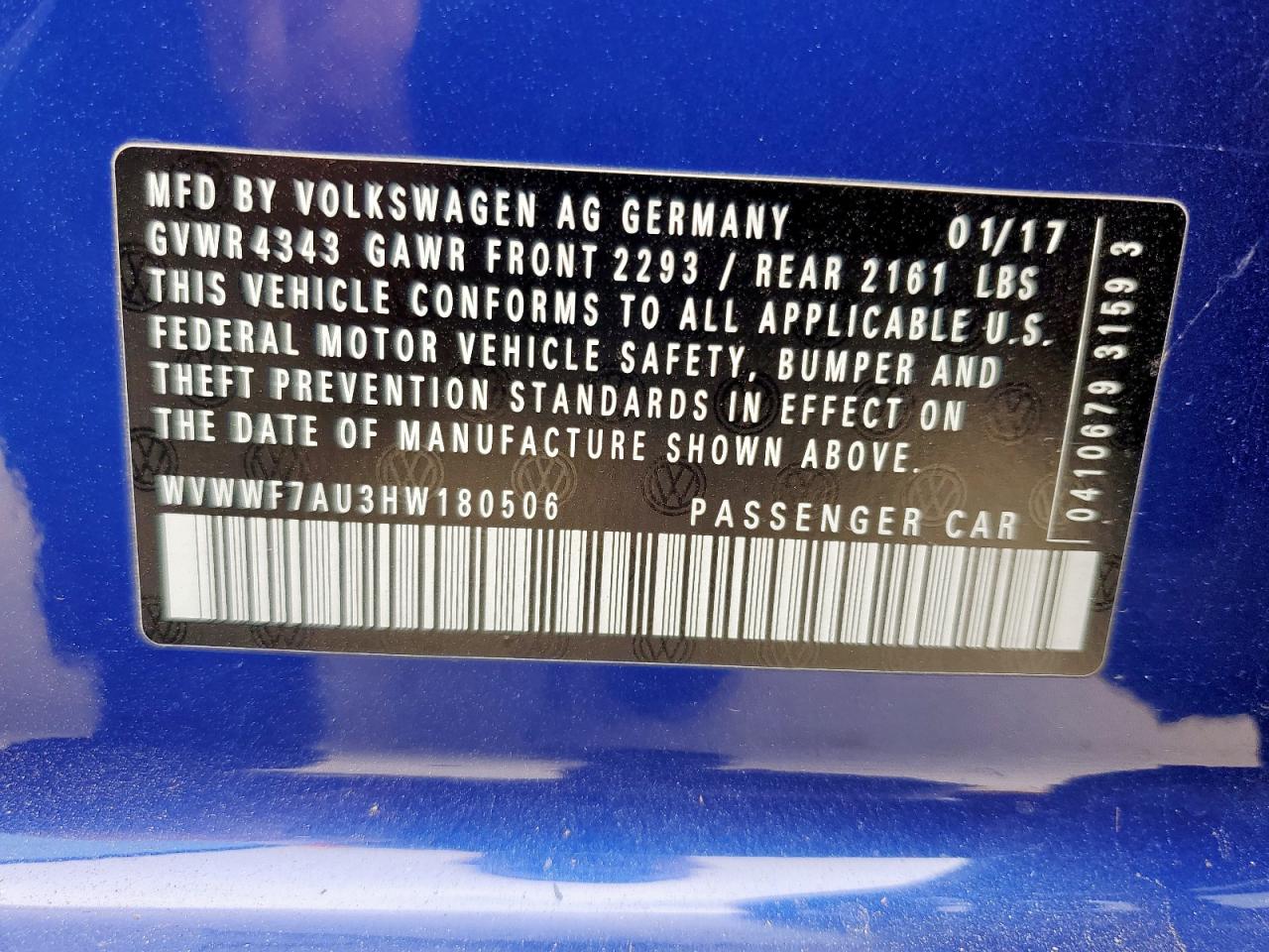 2017 Volkswagen Golf R VIN: WVWWF7AU3HW180506 Lot: 59393275