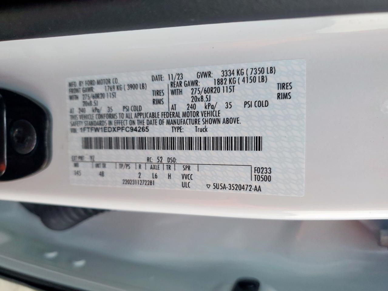 2023 Ford F150 Supercrew VIN: 1FTFW1EDXPFC94265 Lot: 60698355