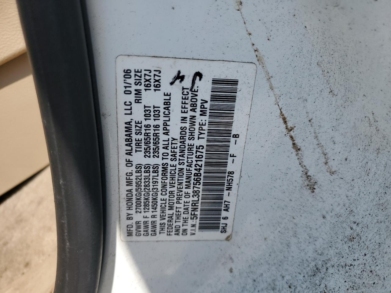 2006 Honda Odyssey Exl VIN: 5FNRL38756B421675 Lot: 59570045