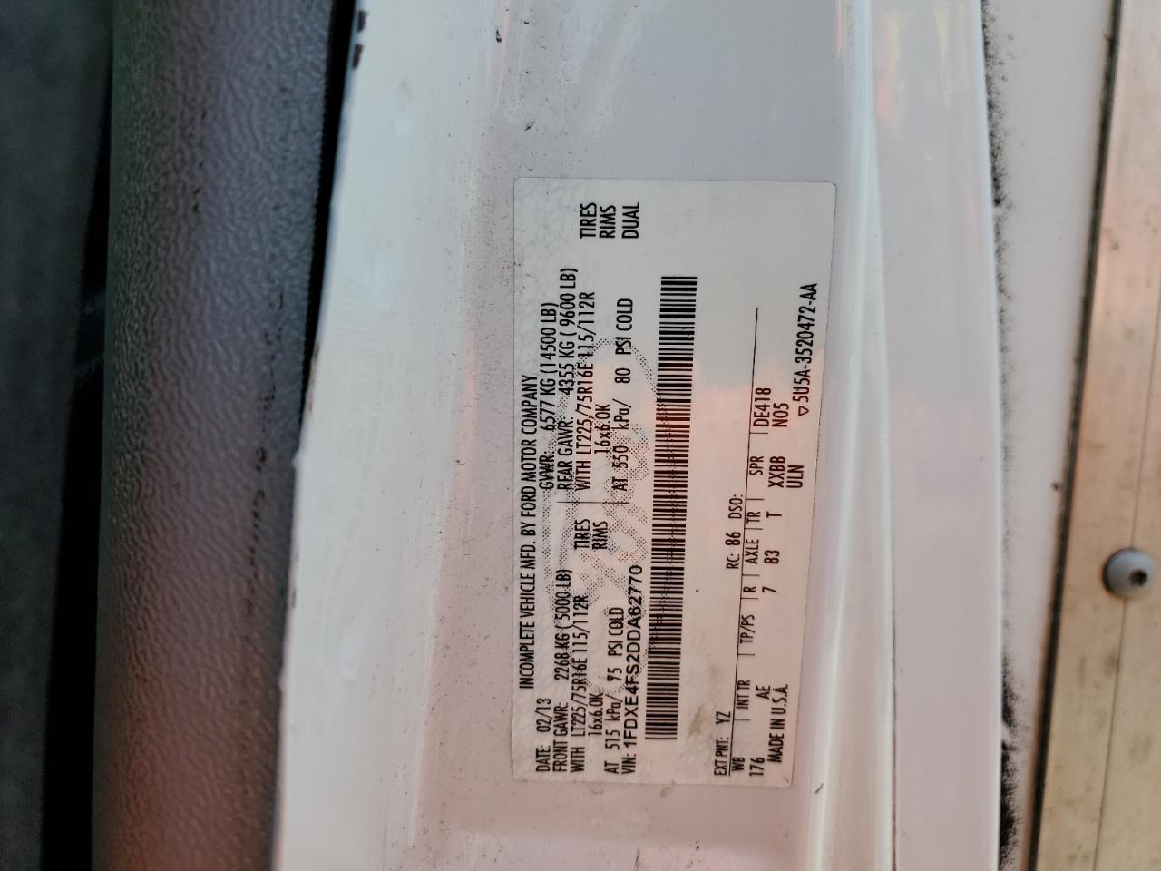 2013 Ford Econoline E450 Super Duty Cutaway Van VIN: 1FDXE4FS2DDA62770 Lot: 59958505