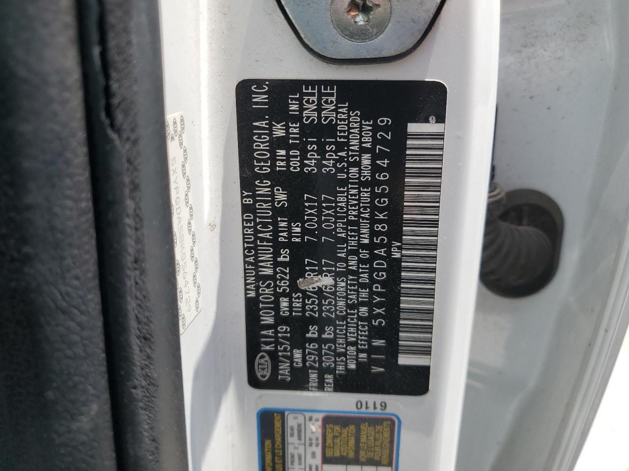 2019 Kia Sorento Lx VIN: 5XYPGDA58KG564729 Lot: 97431645