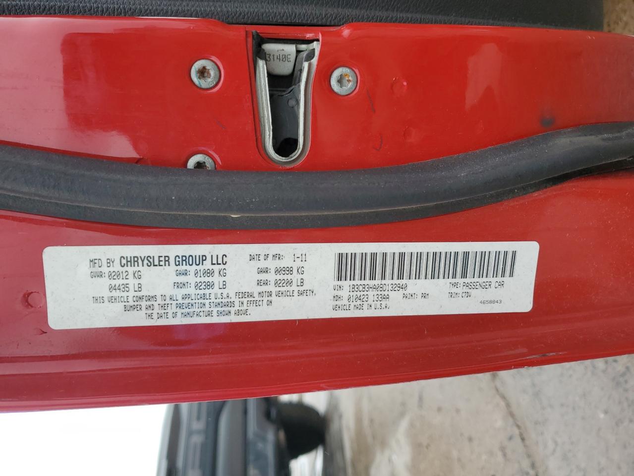 2011 Dodge Caliber Mainstreet VIN: 1B3CB3HA0BD132940 Lot: 59338915