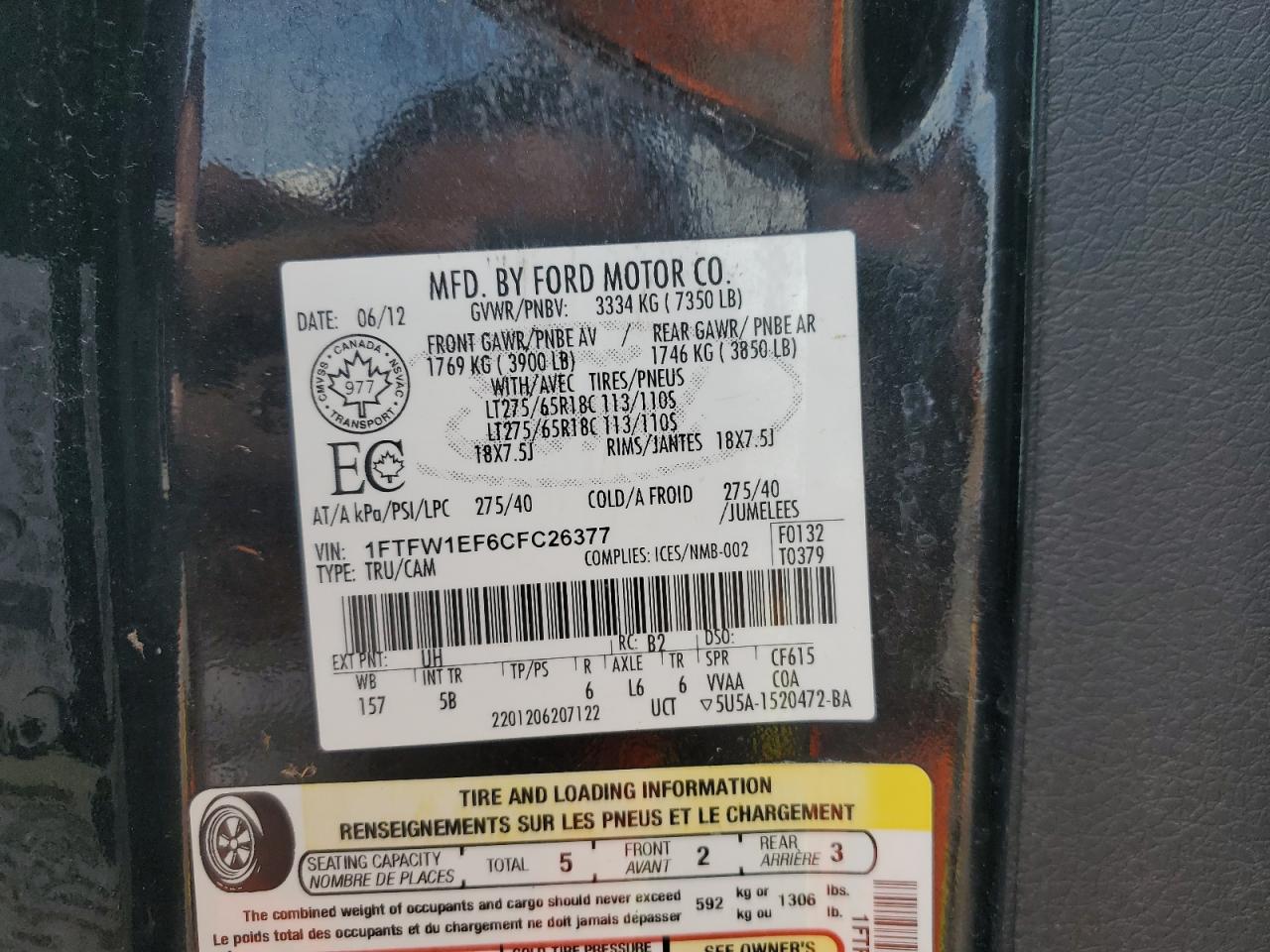 2012 Ford F150 Supercrew VIN: 1FTFW1EF6CFC26377 Lot: 62806865