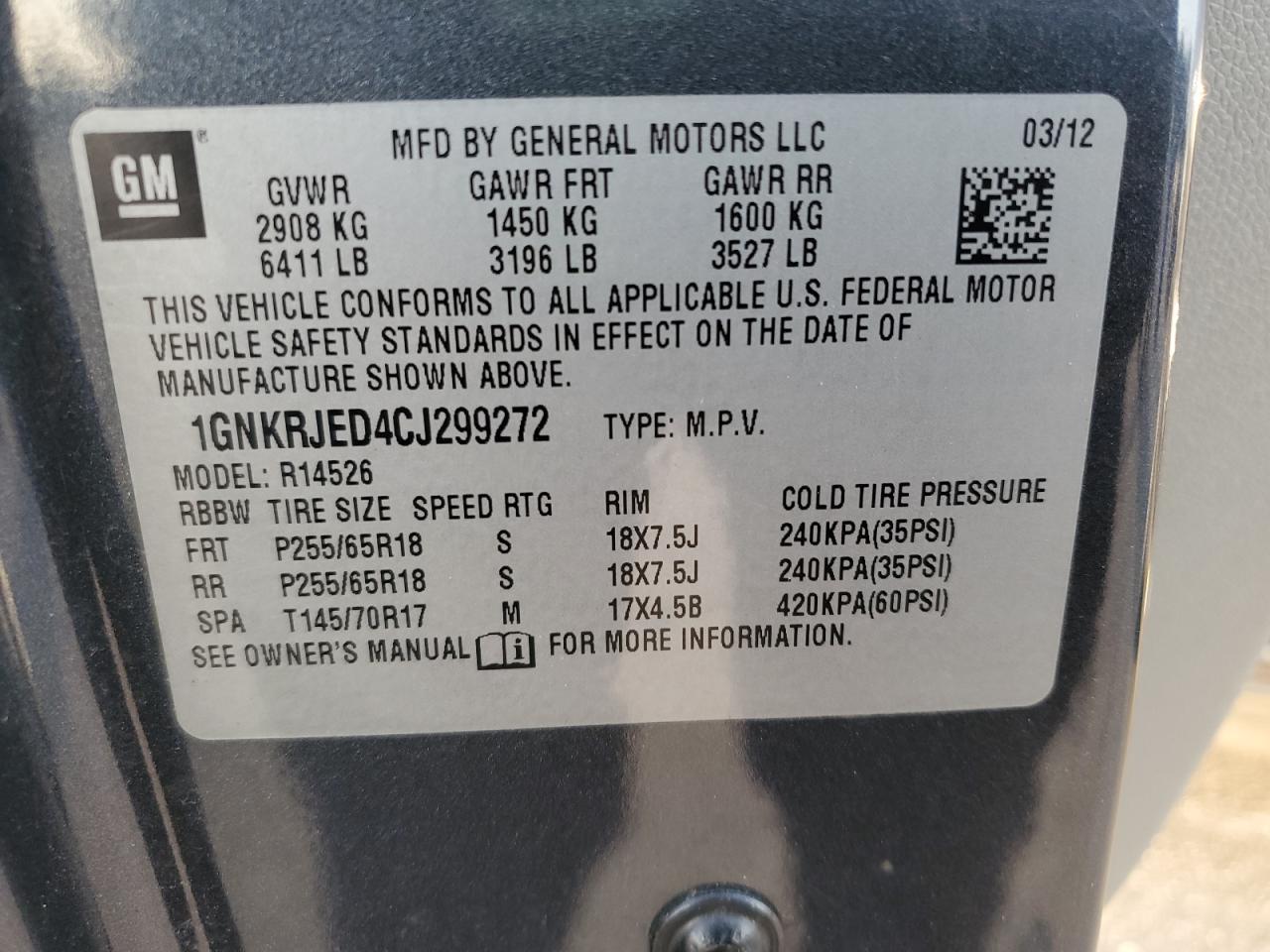 2012 Chevrolet Traverse Lt VIN: 1GNKRJED4CJ299272 Lot: 62322635