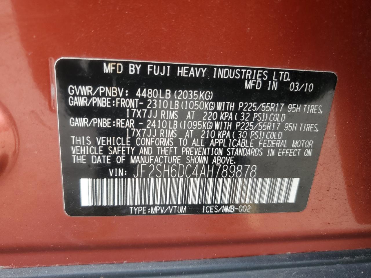 2010 Subaru Forester 2.5X Limited VIN: JF2SH6DC4AH789878 Lot: 61979725