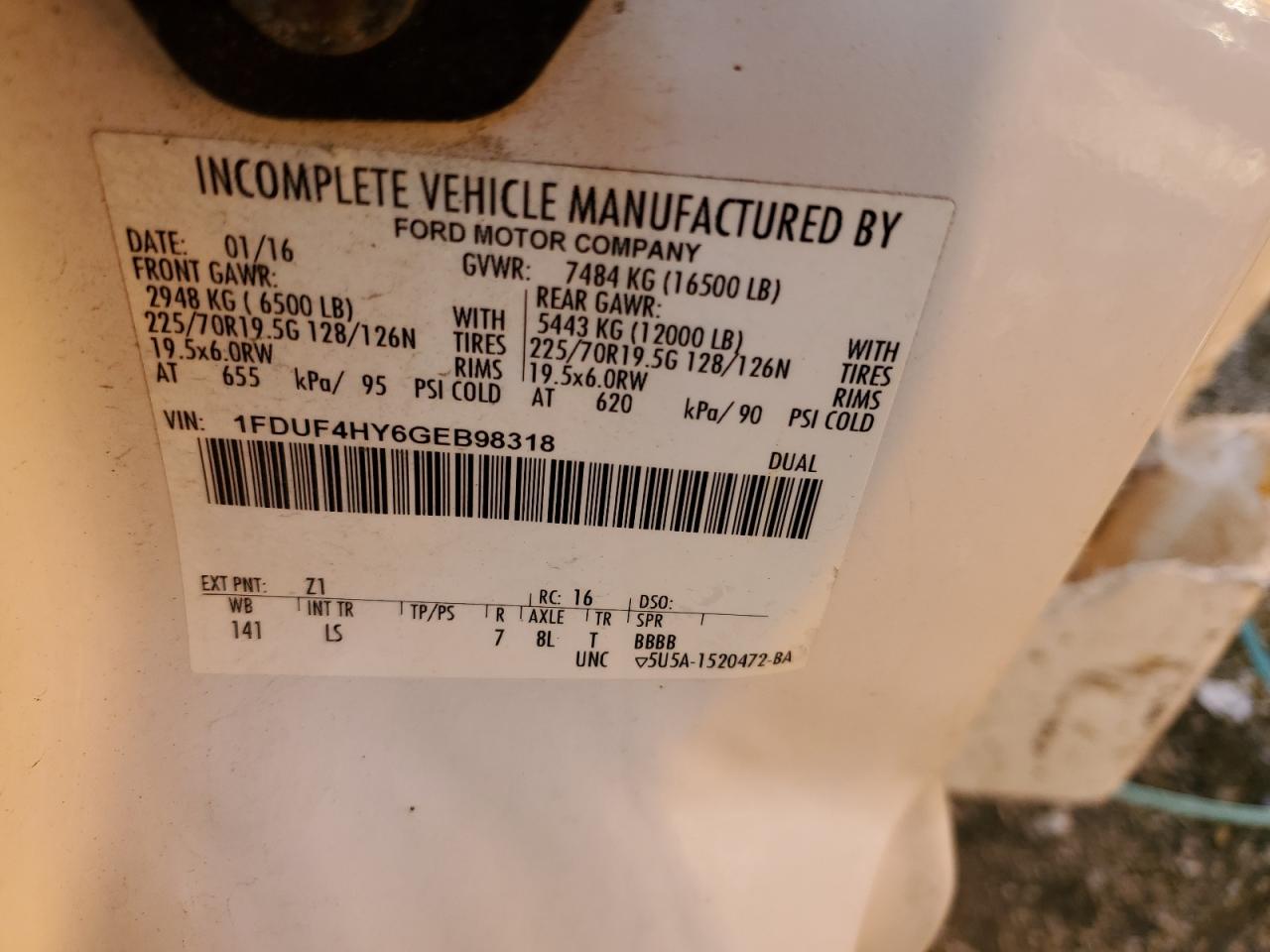 2016 Ford F450 Super Duty VIN: 1FDUF4HY6GEB98318 Lot: 62512645