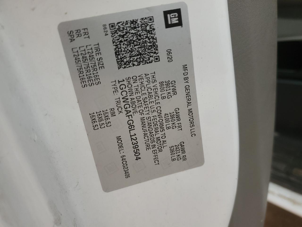 2020 Chevrolet Express G2500 VIN: 1GCWGAFG6L1239504 Lot: 61530555