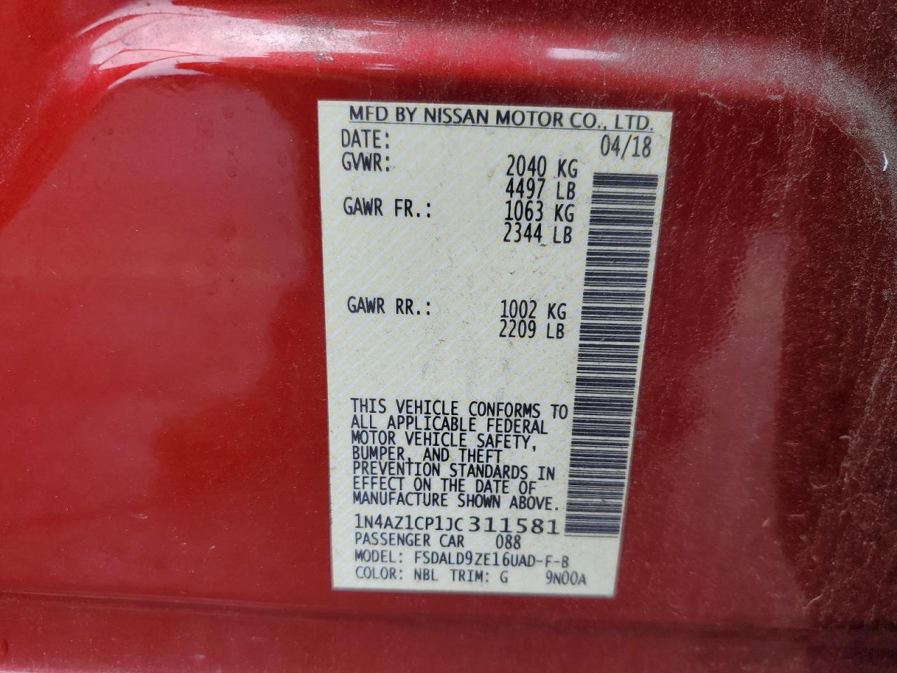 2018 Nissan Leaf S VIN: 1N4AZ1CP1JC311581 Lot: 61968815