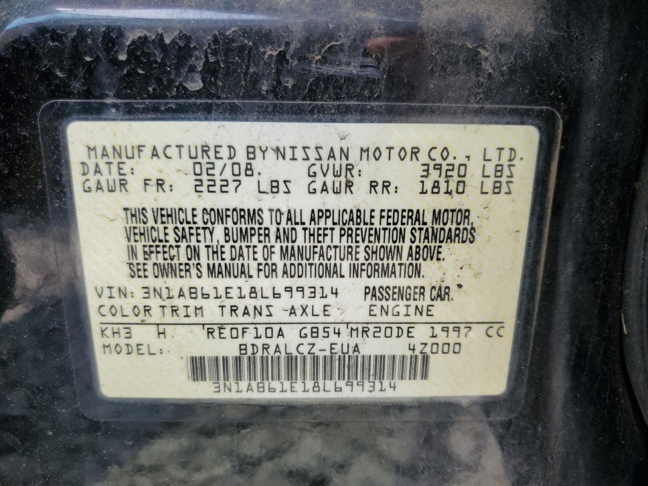 2008 Nissan Sentra 2.0 VIN: 3N1AB61E18L699314 Lot: 62809975