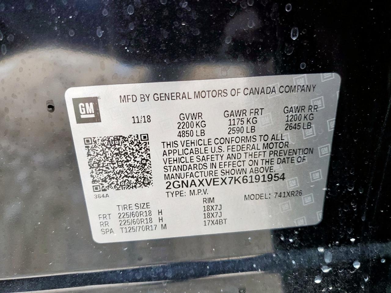 2019 Chevrolet Equinox Lt VIN: 2GNAXVEX7K6191954 Lot: 62503905