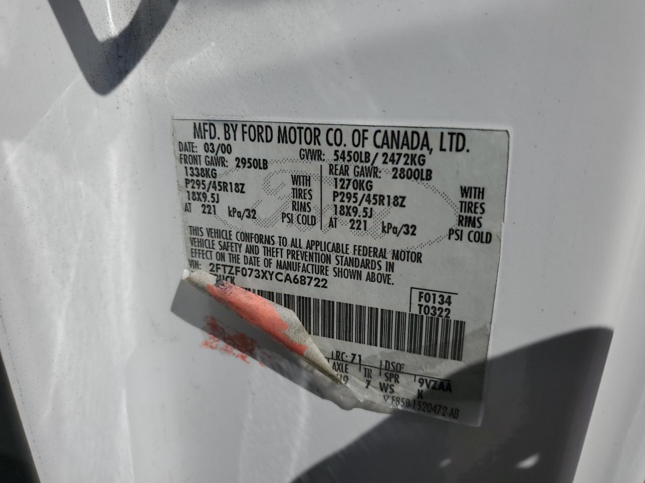 2000 Ford F150 Svt Lightning VIN: 2FTZF073XYCA68722 Lot: 61056675