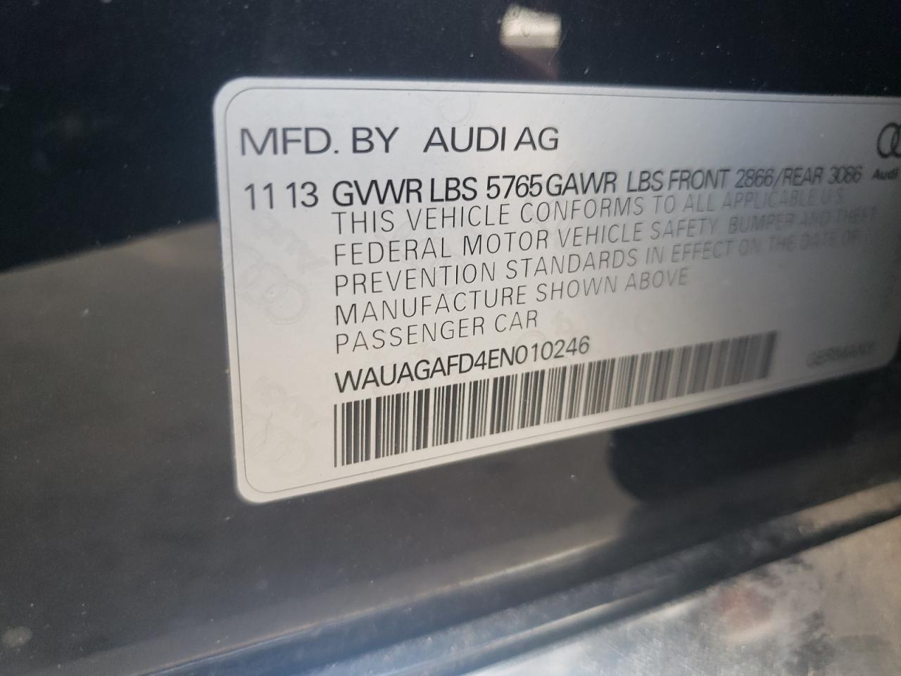 2014 Audi A8 Quattro VIN: WAUAGAFD4EN010246 Lot: 61161675