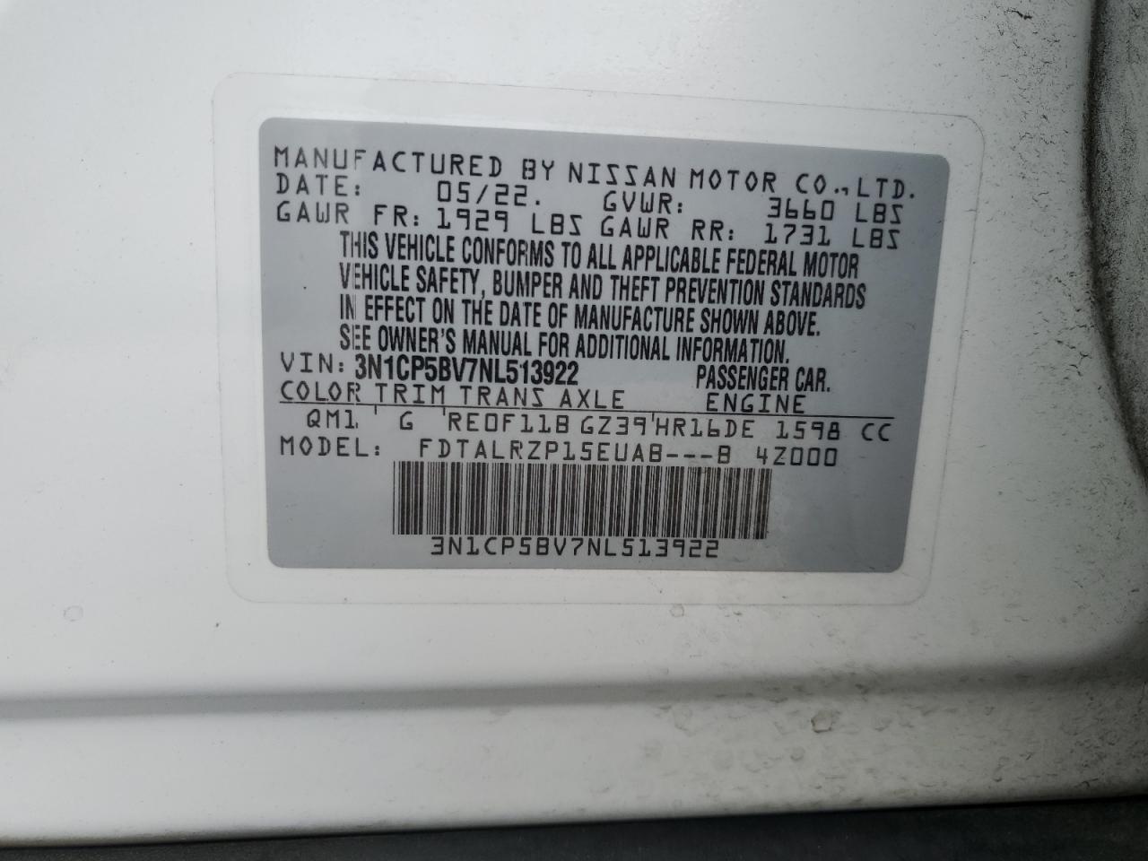 3N1CP5BV7NL513922 2022 Nissan Kicks S