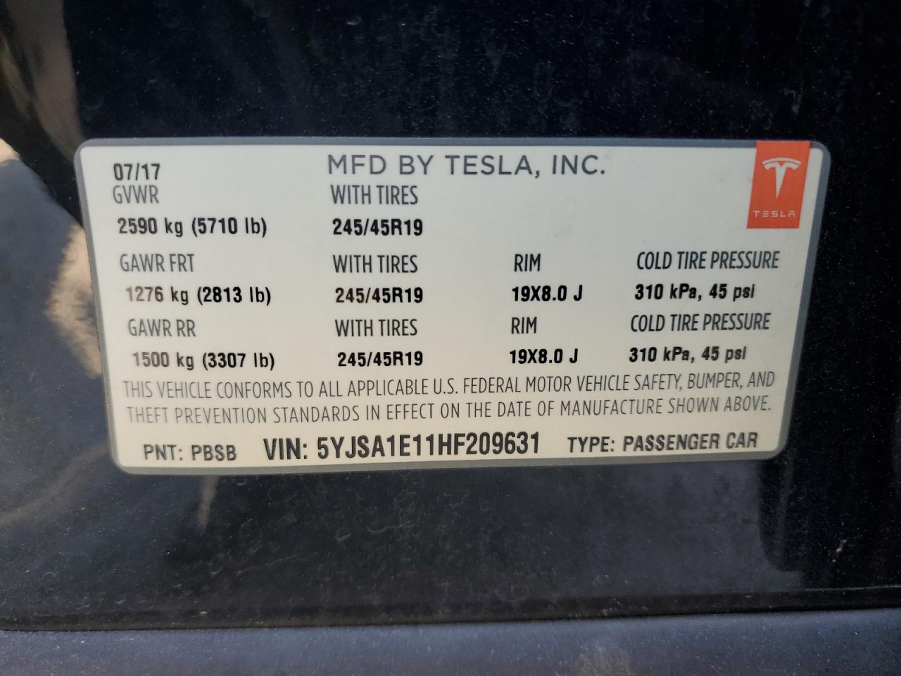 2017 Tesla Model S VIN: 5YJSA1E11HF209631 Lot: 61384575