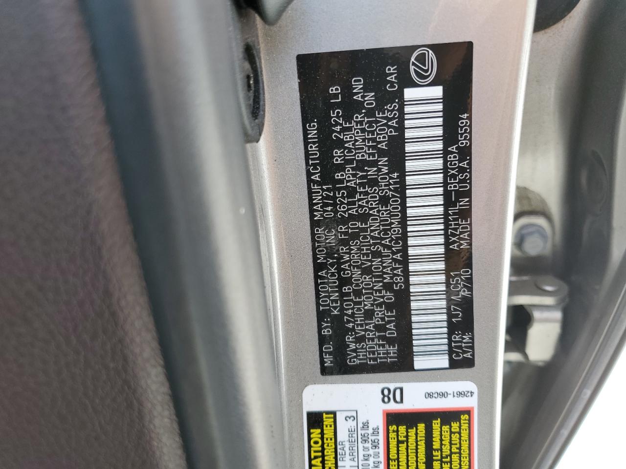 2021 Lexus Es 300H Ultra Luxury VIN: 58AFA1C19MU007114 Lot: 61636125