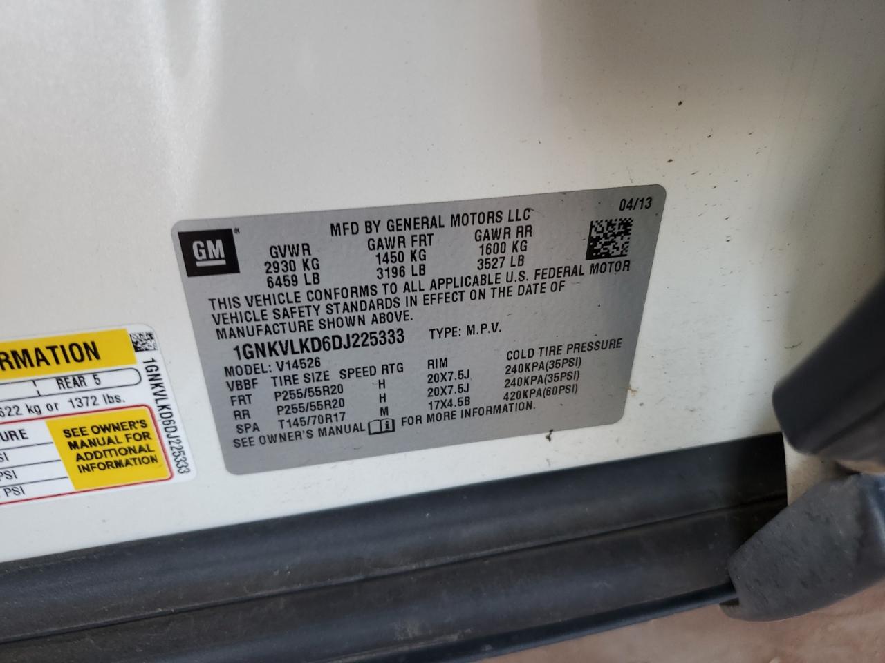 2013 Chevrolet Traverse Ltz VIN: 1GNKVLKD6DJ225333 Lot: 59167435