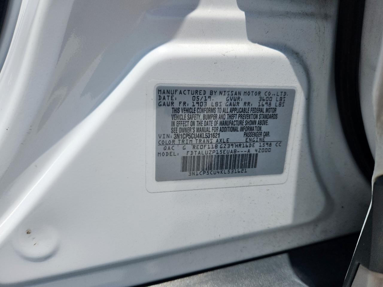 2019 Nissan Kicks S VIN: 3N1CP5CU4KL531621 Lot: 60747795